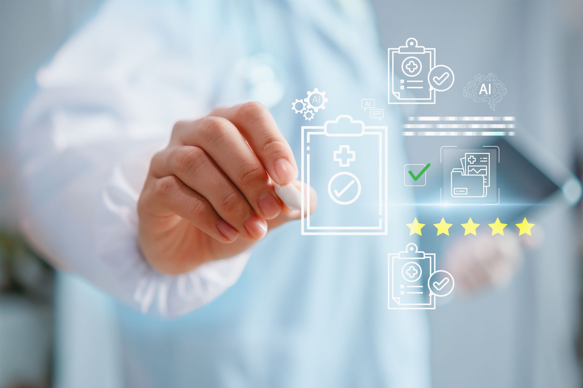 Un professionnel en blouse blanche appuie sur une interface numérique comportant des icônes de certification et cinq étoiles.