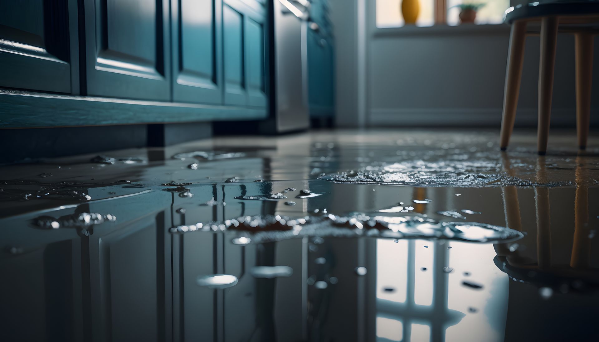 Le sol de la cuisine est inondé, l'eau s'accumulant devant des placards bleu foncé et un tabouret en bois.