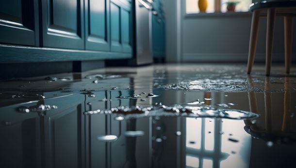 Le sol de la cuisine est inondé, l'eau s'accumulant devant des placards bleu foncé et un tabouret en bois.