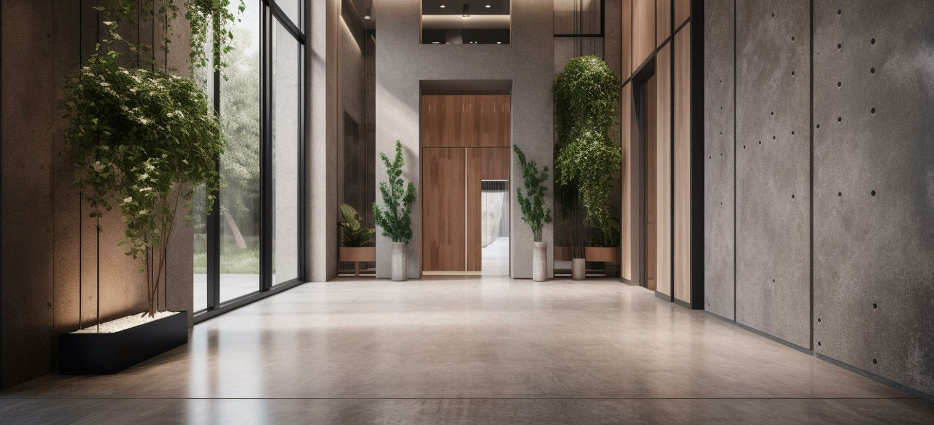 Un hall d'entrée spacieux et moderne avec des murs en béton, des boiseries, de et des plantes d'intérieur sur un sol propre.