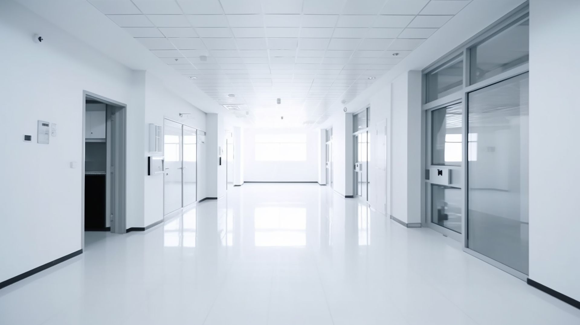 Un couloir d'hôpital moderne et lumineux, avec des murs blancs, des sols brillants et plusieurs portes de bureaux vitrées.