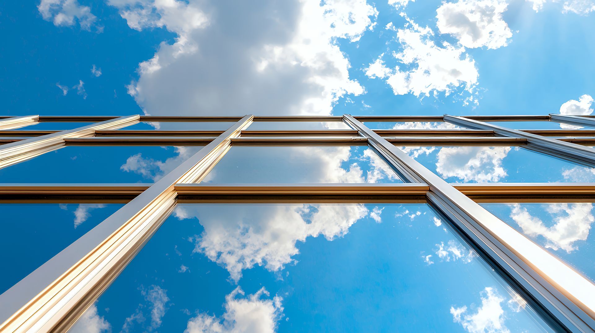 Vue en contreplongée d'une façade de bâtiment moderne en verre reflétant un ciel bleu vif parsemé de nuages blancs.