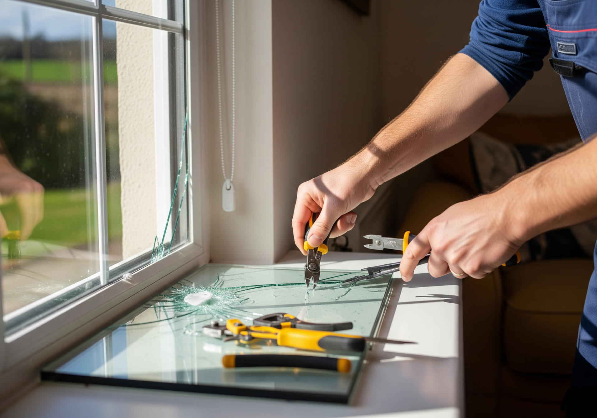 Des mains mesurent du verre sur un rebord de fenêtre avec un tournevis et des outils à proximité