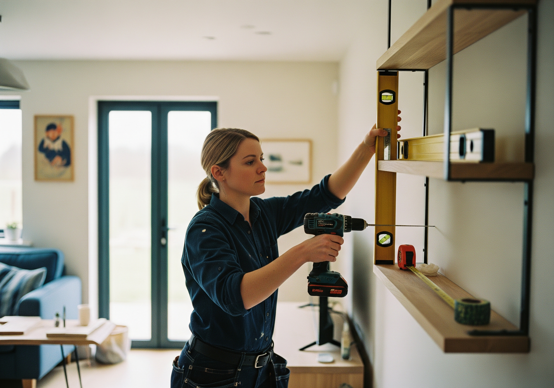 Une personne utilise une perceuse électrique pour installer une étagère dans un salon lumineux.