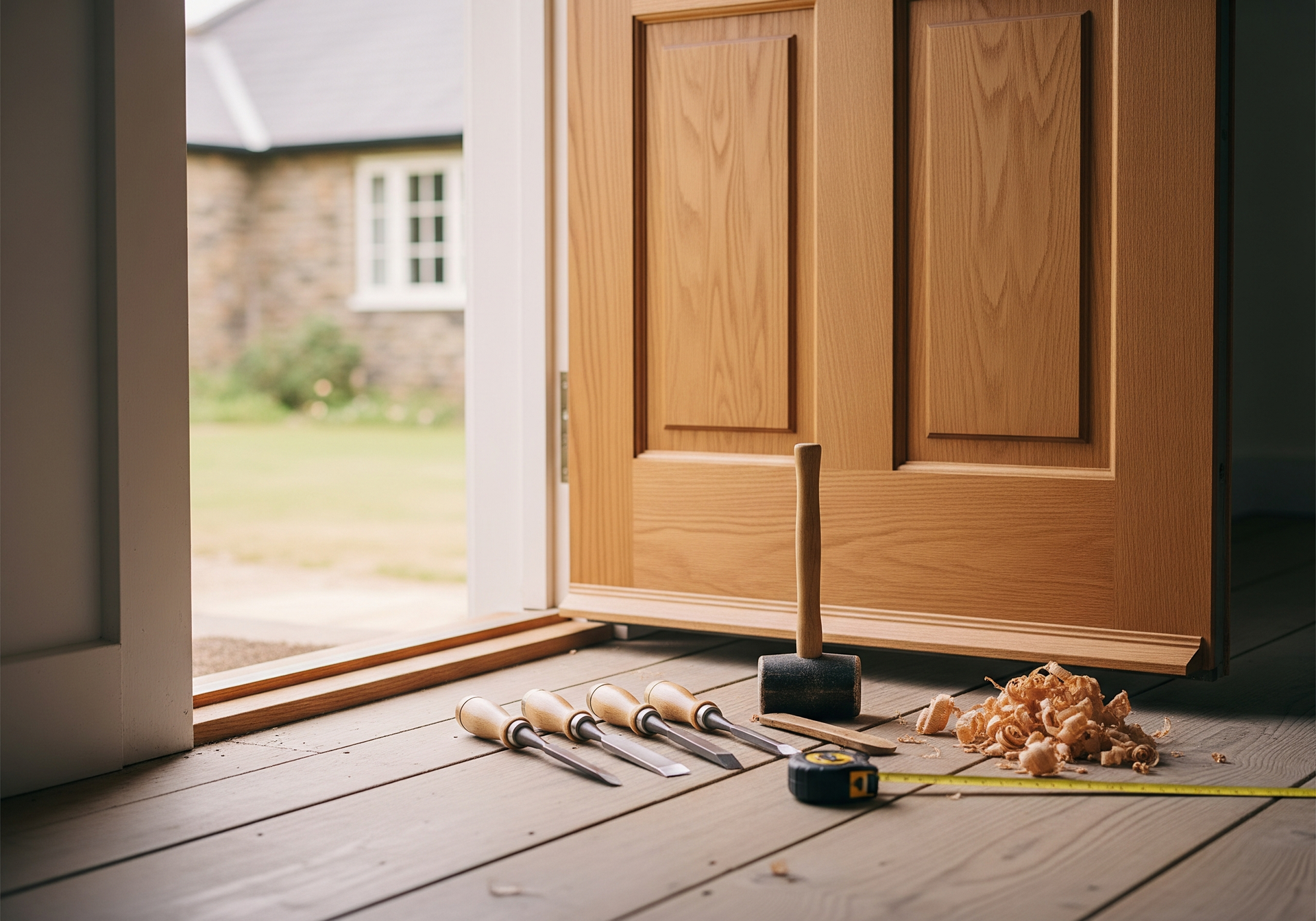 Porte d'entrée ouverte, outils et débris éparpillés sur un plancher en bois, suggérant une scène d'effraction ou de réparation.
