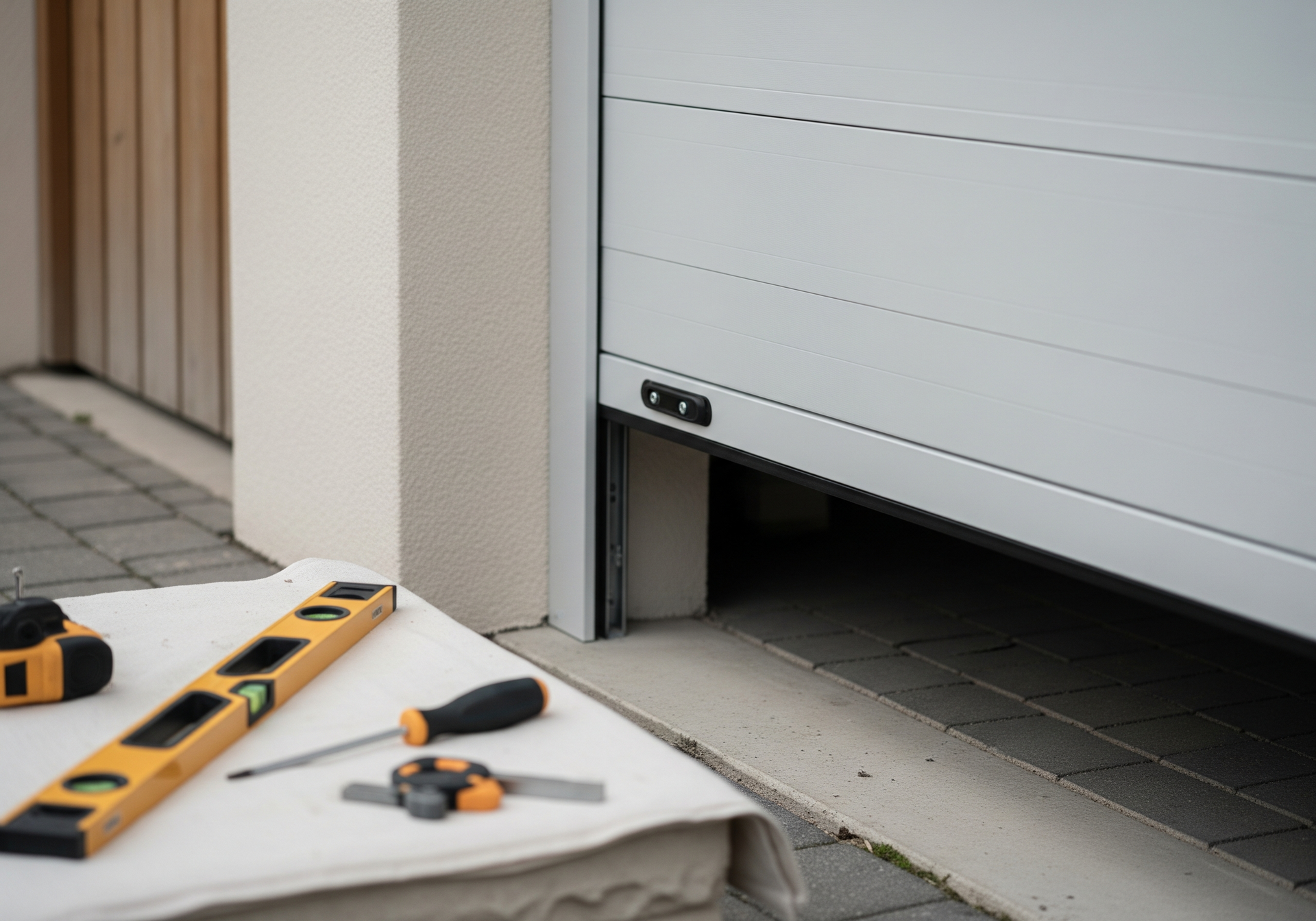 Des outils posés sur un tapis à côté d'une porte de garage blanche entrouverte, dans une entrée carrelée.