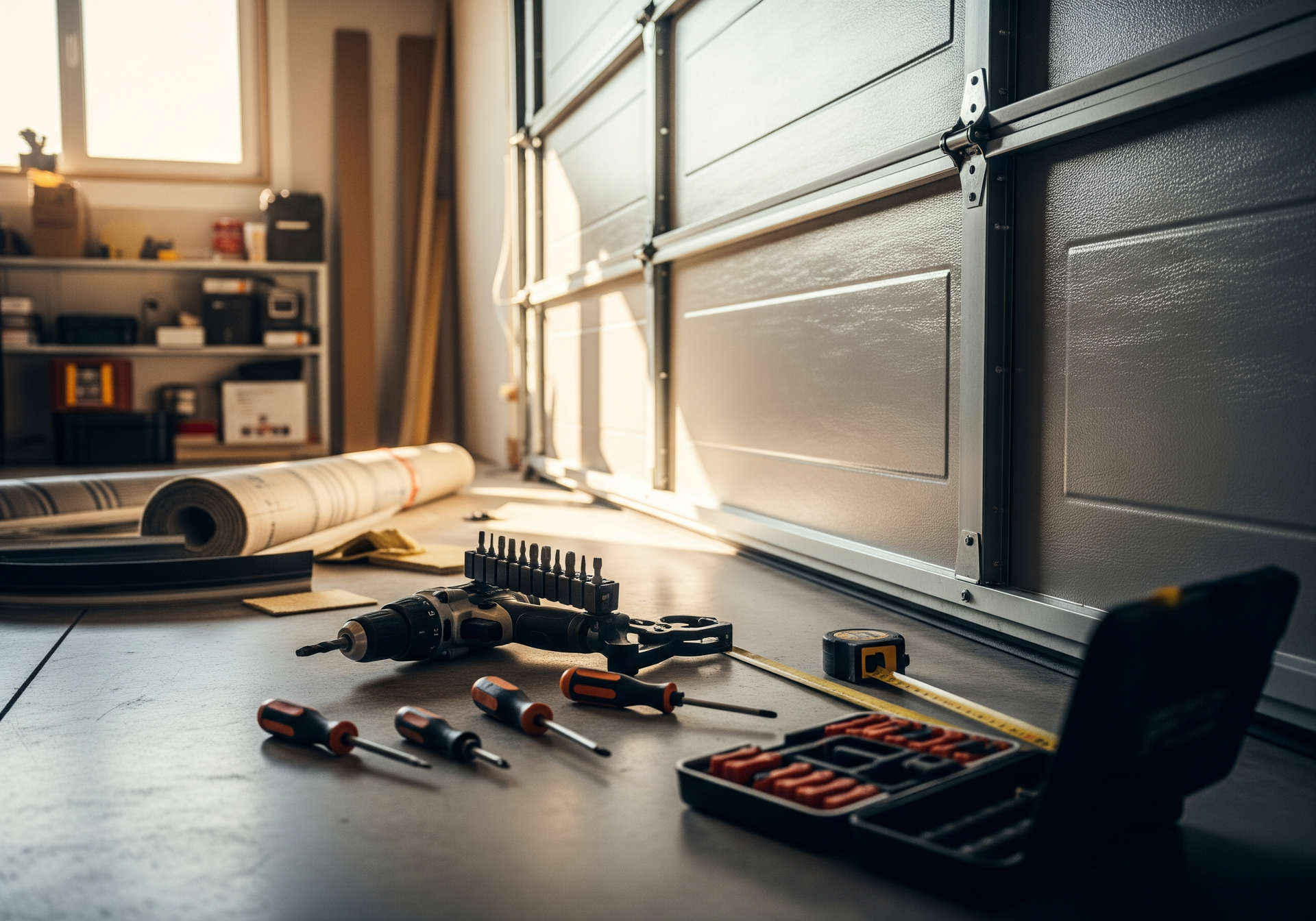 Établi avec outils et pièces détachées dans un garage ensoleillé, à côté d'une porte fermée