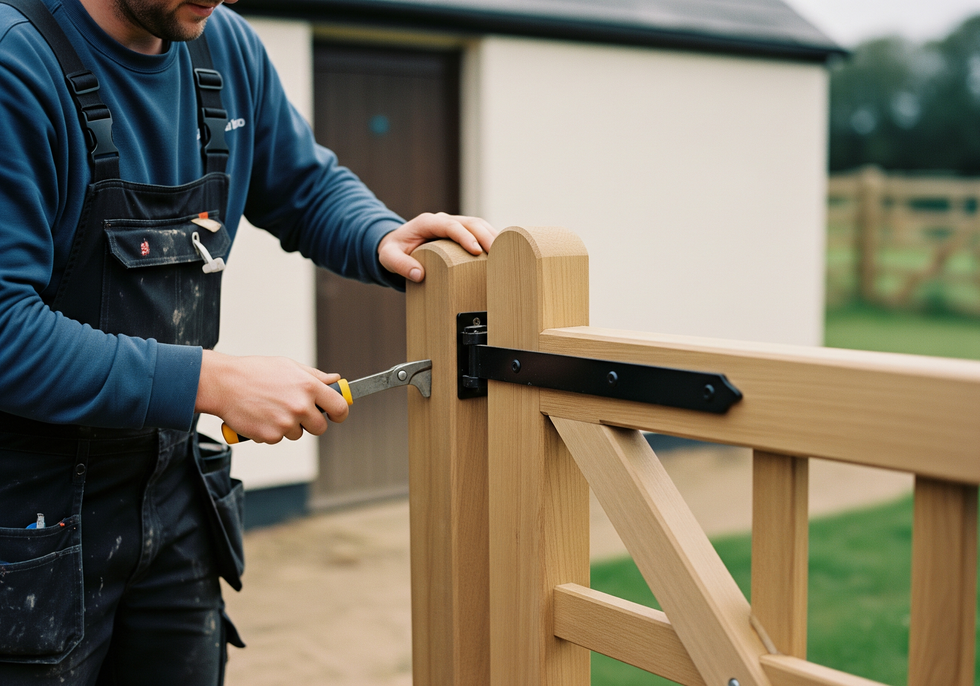 Ouvrier installant un loquet de portail en bois sur une clôture beige à l'extérieur
