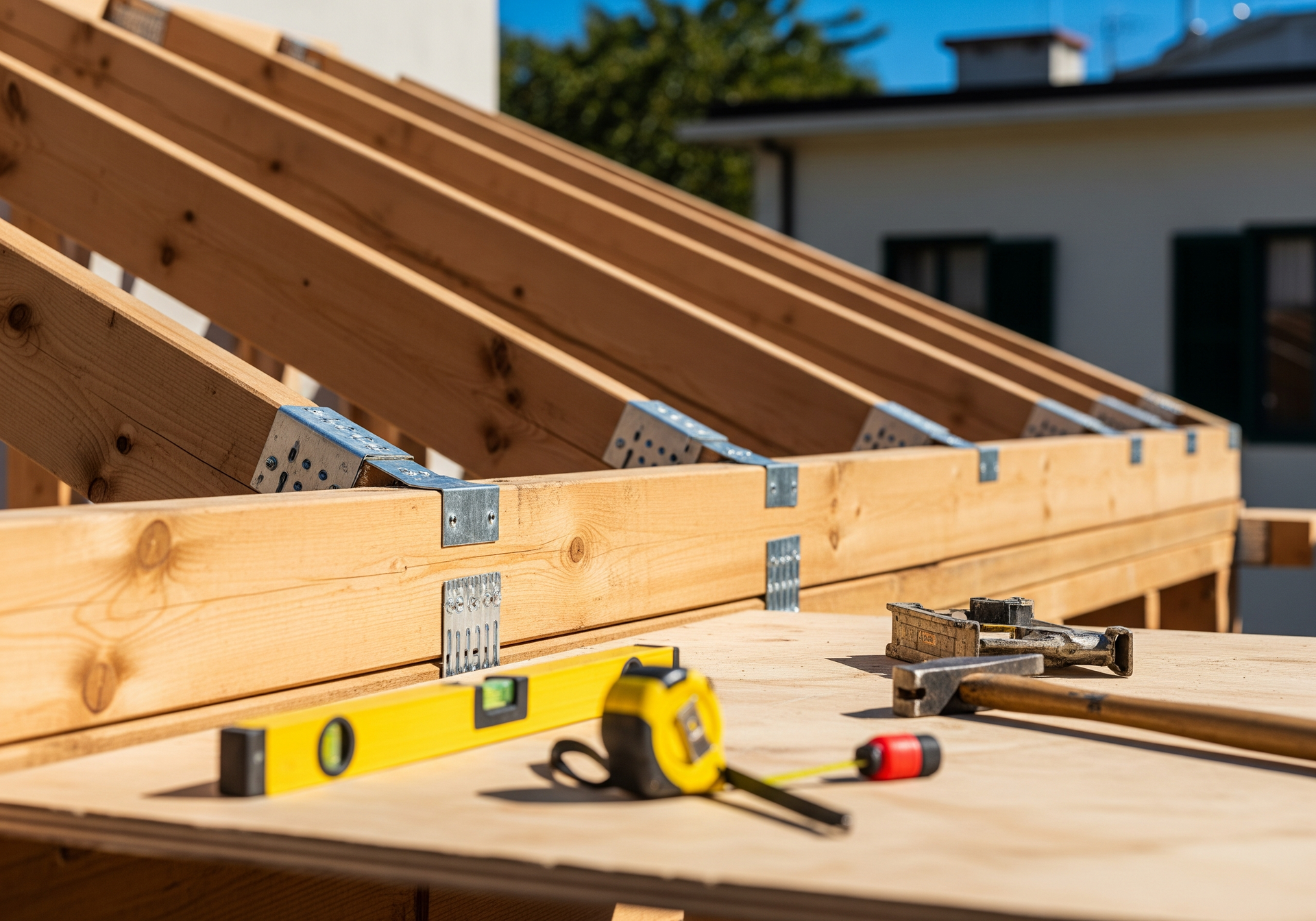 Charpente de toit en bois en construction avec niveau, marteau et mètre ruban sur un établi