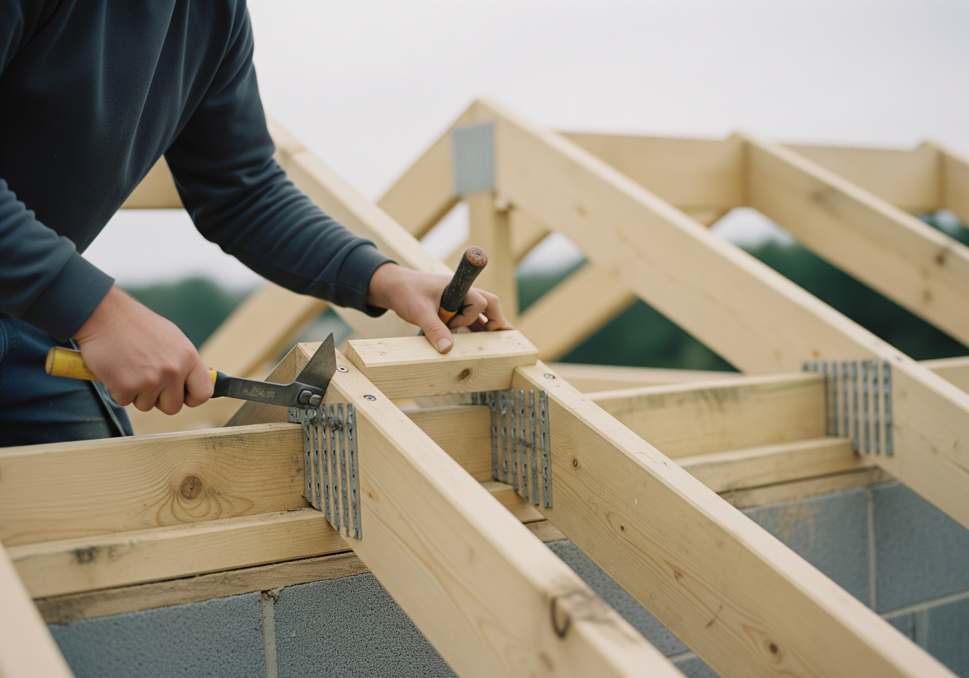 Des mains martèlent des connecteurs métalliques sur une charpente de toit en bois sur un chantier de construction