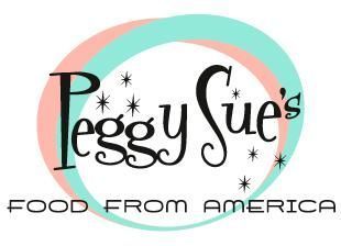 Logotipo de Peggy Sue: texto en negro, delineado por círculos rosas y verde azulado, 
