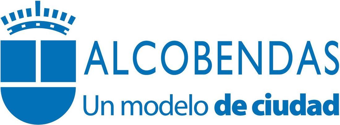 Logotipo de Alcobendas, España, en azul con una corona, gráfico cuadrado y texto: 