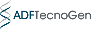 Logotipo de ADFTecnoGen, gráfico de doble hélice de ADN azul y gris junto al nombre de la empresa en texto azul y gris.