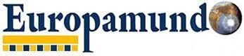 Logotipo de Europamund: texto azul oscuro con un globo terráqueo. Rectángulo amarillo con cuadrados oscuros debajo de la 