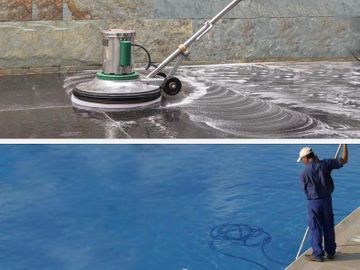 Arriba: Máquina de limpieza de suelos fregando una superficie de piedra. Abajo: Trabajador limpiando una piscina con una pértiga larga.