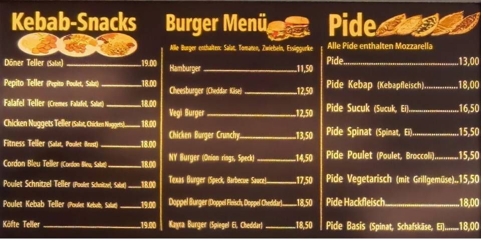 Speisekarte mit verschiedenen Kategorien: Kebab-Snacks, Burger-Menü, Pide. Preise für die einzelnen Gerichte sind angegeben.