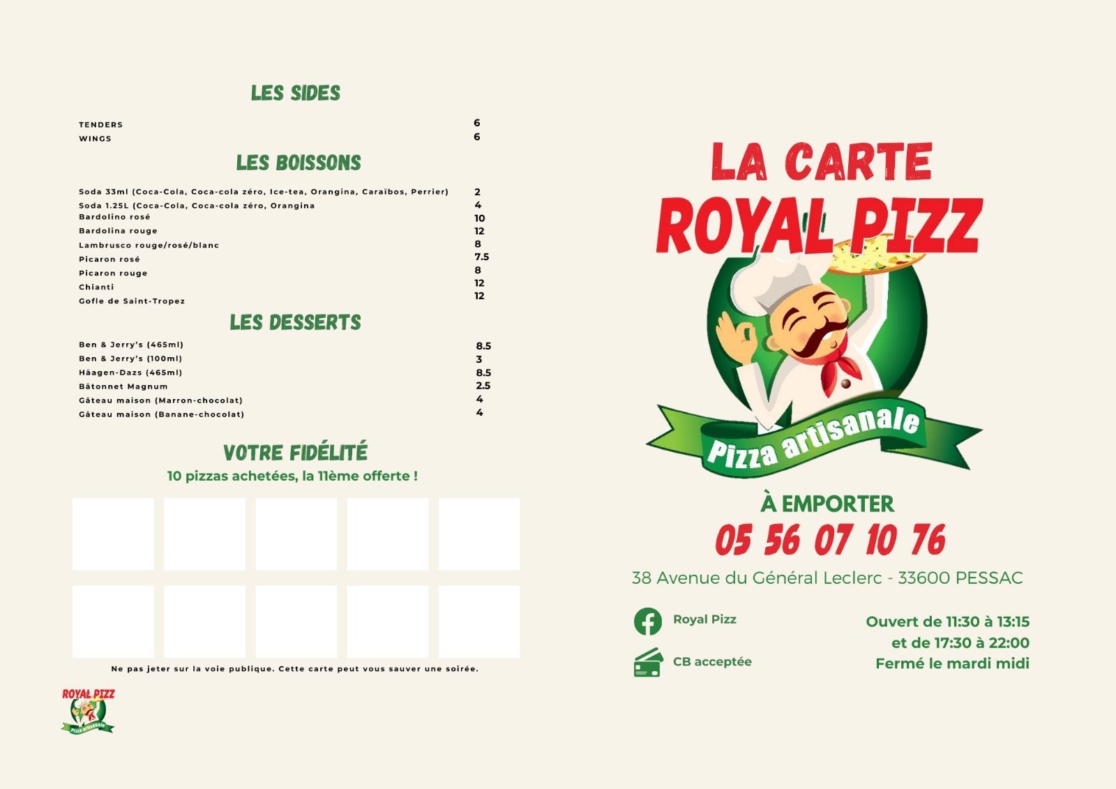 Carte Royal Pizz Verso