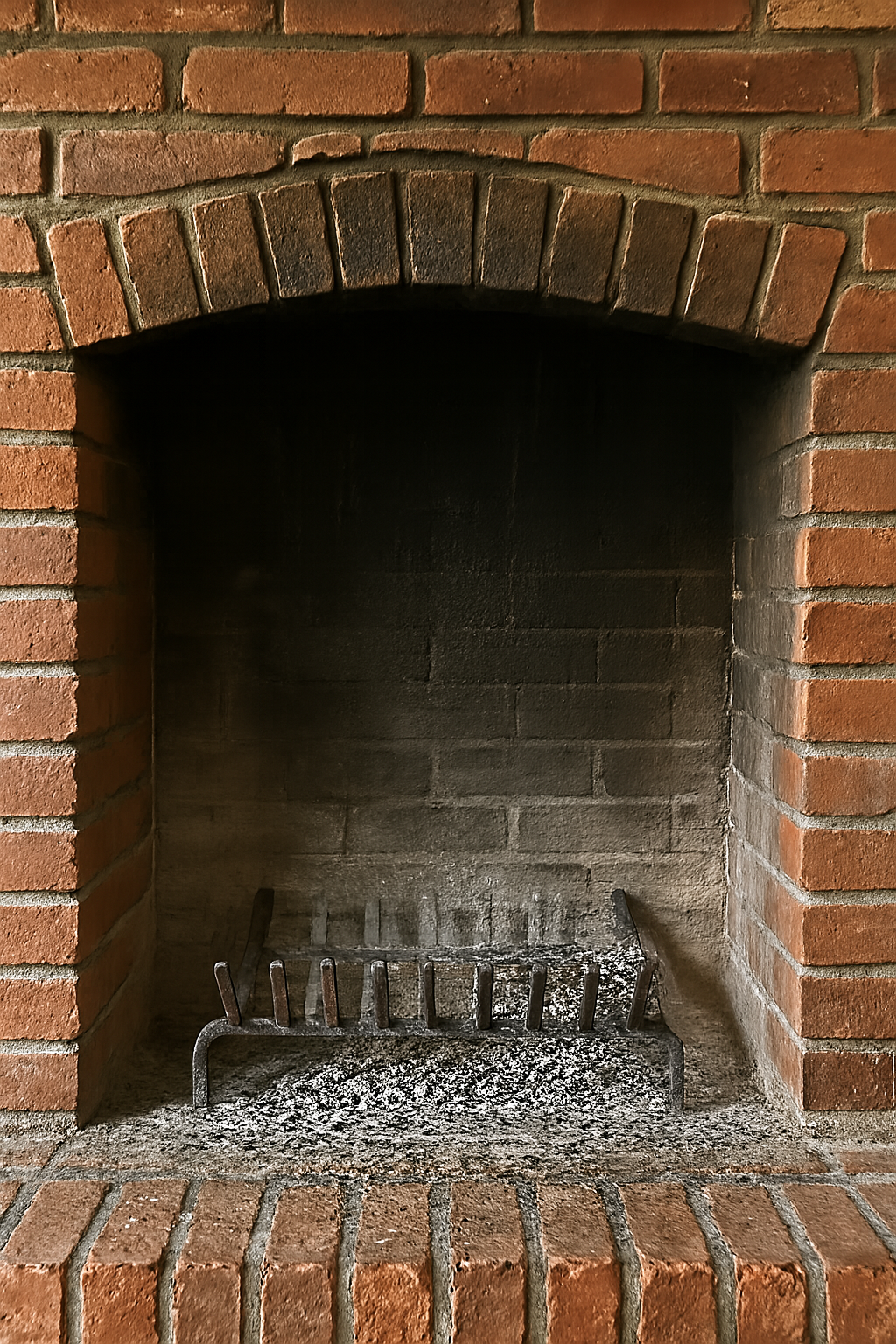 Cheminée en briques avec ouverture en arc; grille à feu et cendres à l'intérieur.