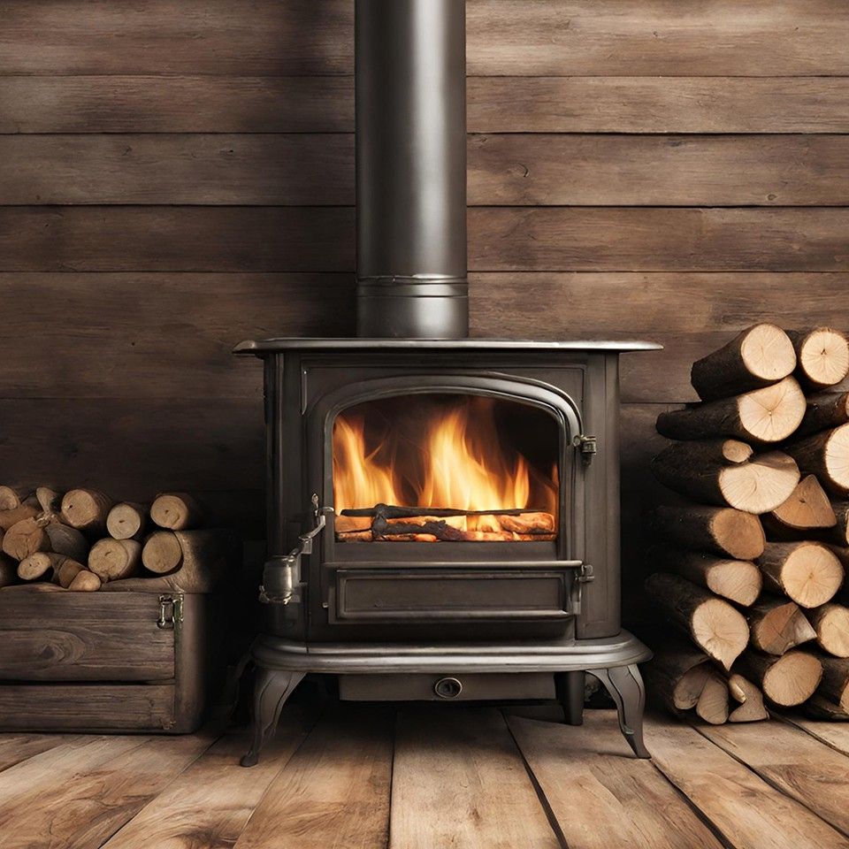 Cheminée avec des flammes brûlantes et des piles de bûches de bois à côté, posées contre des boiseries.