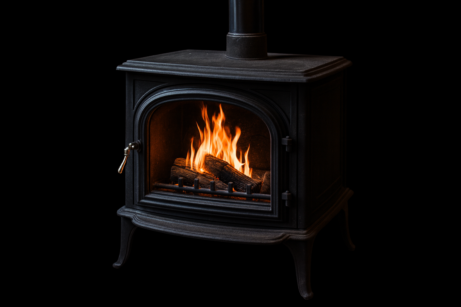Poêle à bois avec un feu brûlant à l'intérieur, devant un fond noir.