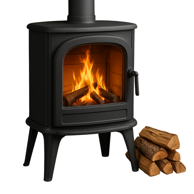 Poêle à bois noir avec flammes et bois de chauffage sur le côté.