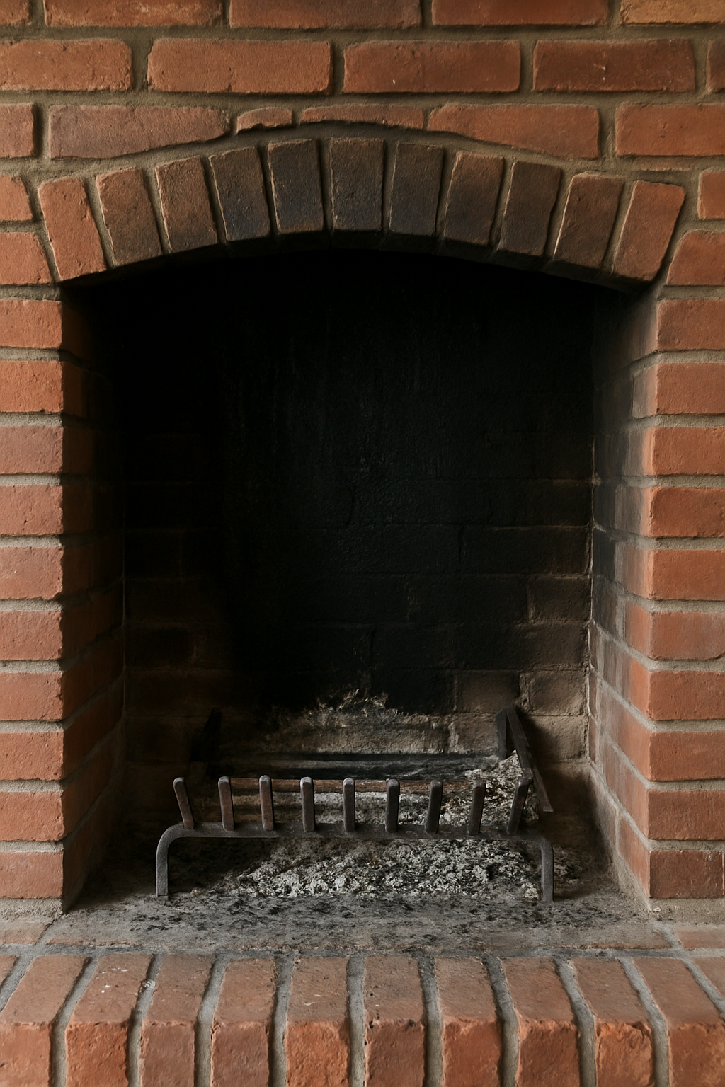 Cheminée en brique avec intérieur foncé et grille en métal avec cendres.