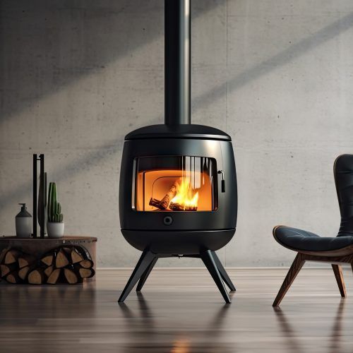 Poêle à bois noir avec porte vitrée, flammes et conduit de fumée, installé dans une pièce moderne.