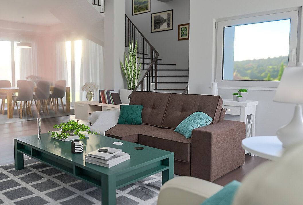 Ein Wohnzimmer mit großem Fenster, brauner Couch und grünem Tisch. Ein Wohnzimmer mit großem Fenster, brauner Couch und grünem Tisch.
