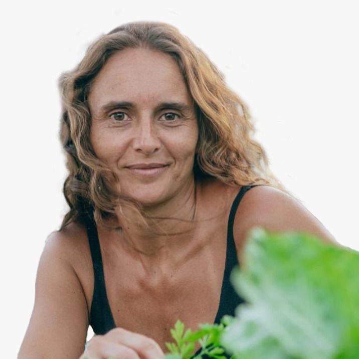 Mujer cuidando plántulas en un invernadero con bancos de madera. Hileras de plantas jóvenes.