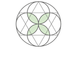 Diseño geométrico de cuatro círculos superpuestos dentro de un círculo más grande con un triángulo central, que presenta áreas sombreadas en verde.