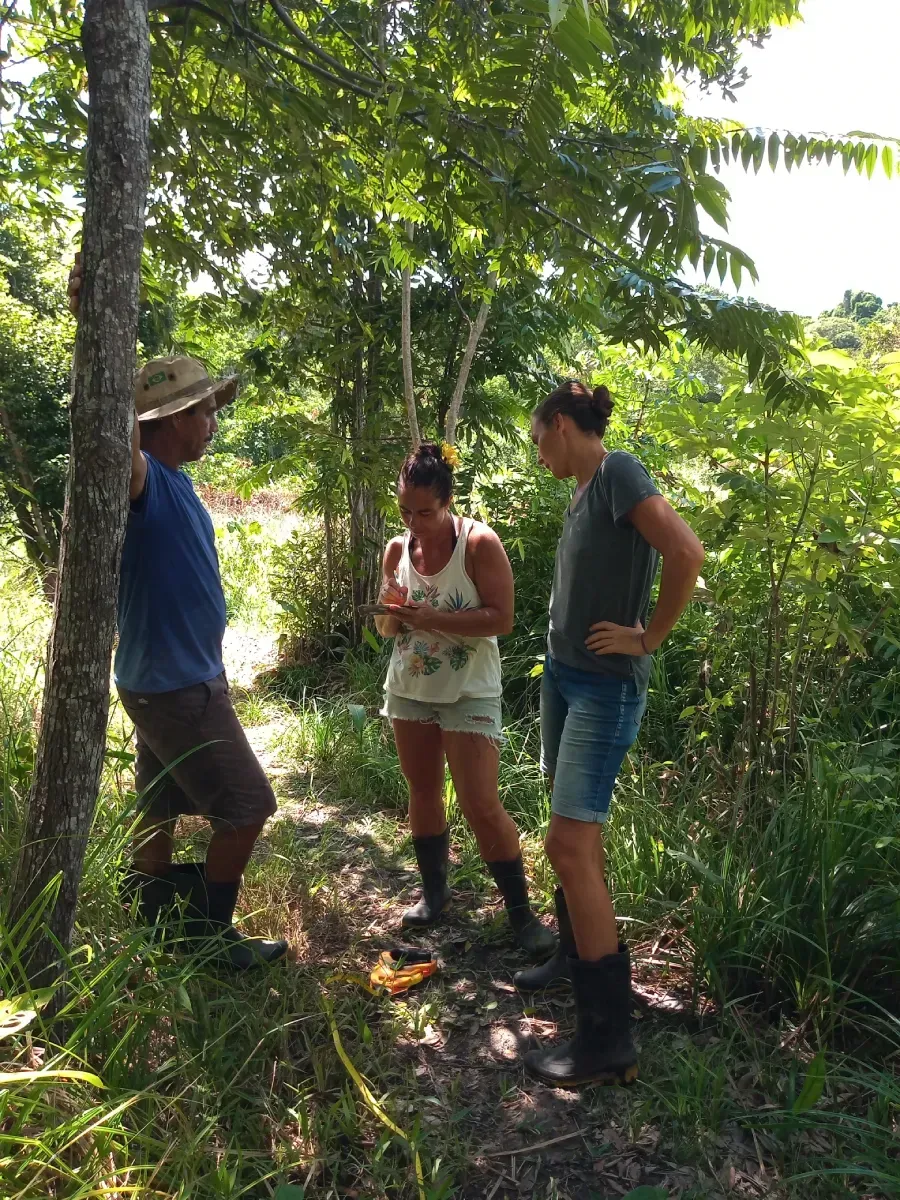 Tres personas en un bosque soleado. Un hombre con sombrero gesticula; dos mujeres con botas miran al suelo.