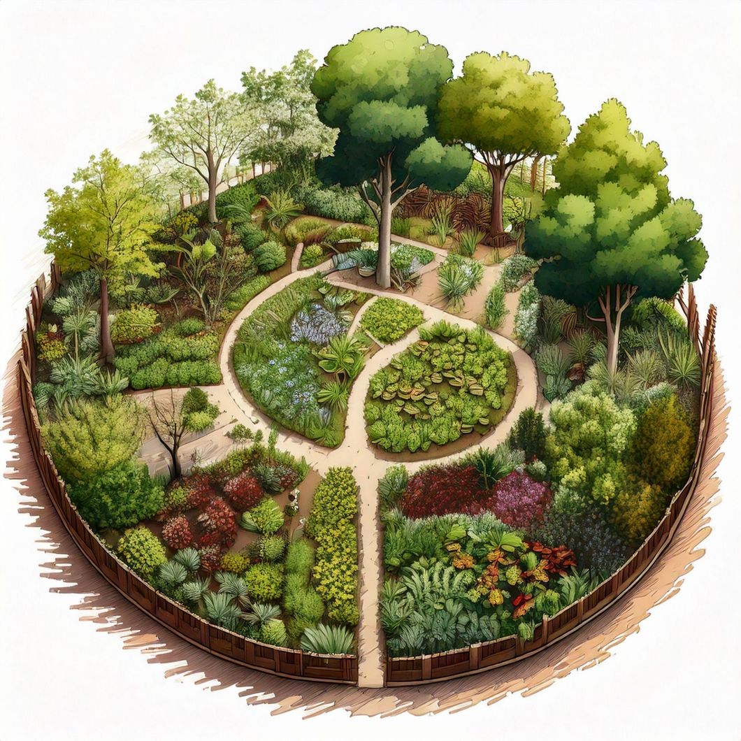 Campo de suelo oscuro con hileras de agua, cocoteros y cielo parcialmente nublado.