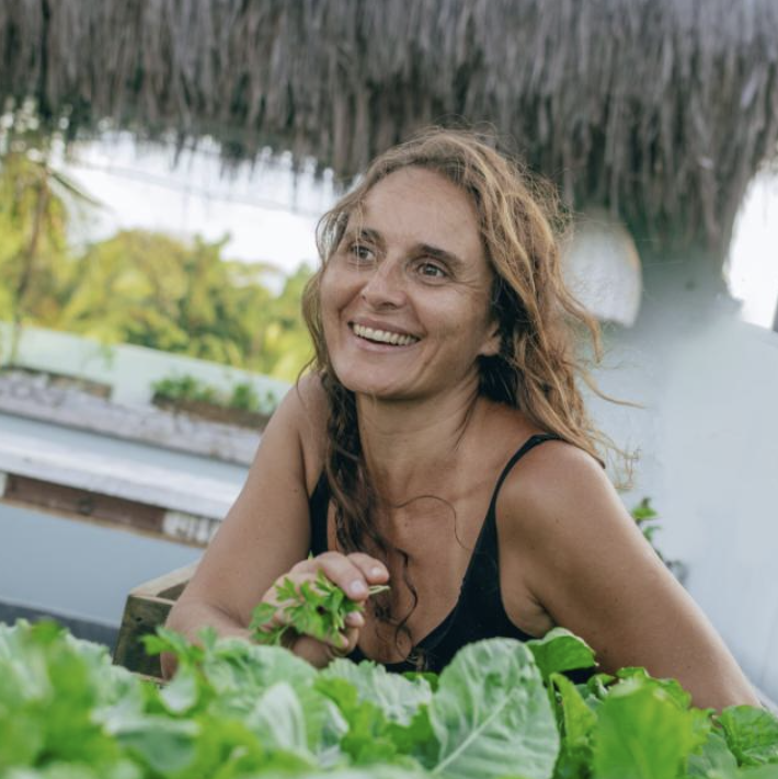 Mujer cuidando plántulas en un invernadero con bancos de madera. Hileras de plantas jóvenes.