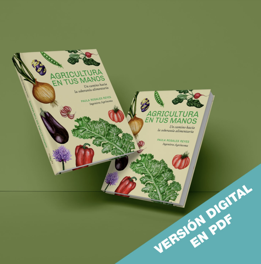 Dos libros titulados "Agricultura en tus manos" con ilustraciones de verduras y una etiqueta digital en formato PDF sobre fondo verde.