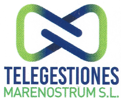 El logotipo de Telegestiones Marenostrum SL presenta un símbolo abstracto de infinito en verde y azul, con el nombre de la empresa debajo.