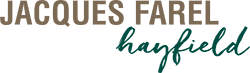 Das Logo von Jacques Farel Hayfield ist auf einem weißen Hintergrund.