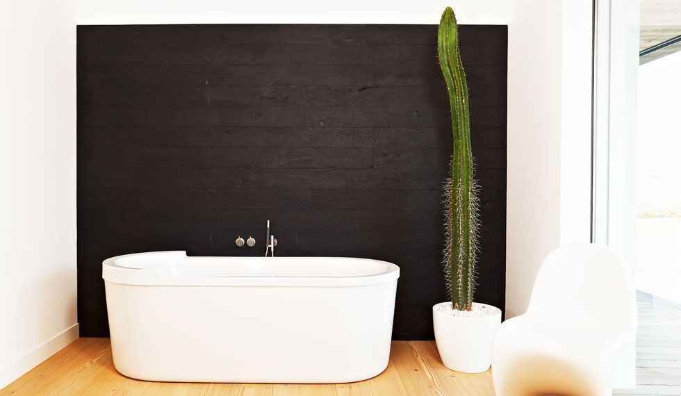 Ein Badezimmer mit einer weißen Badewanne und einer Topfpflanze