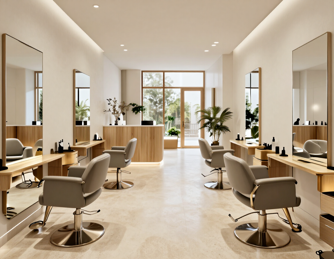 Salón moderno y luminoso, con sillones de peluquería, espejos y plantas, iluminado por la luz natural que entra por grandes ventanales