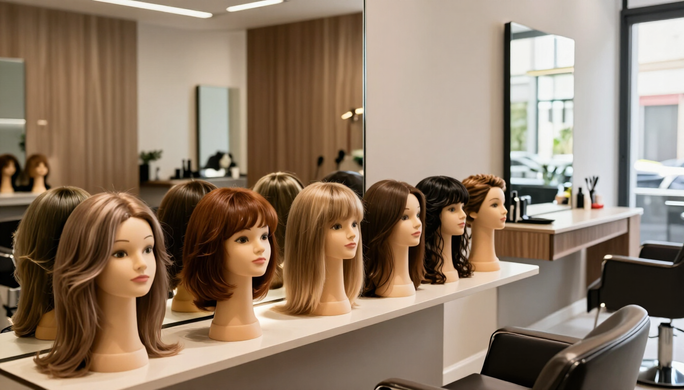Fila de cabezas de maniquí con pelucas peinadas expuestas sobre los mostradores de un salón en un estudio de peluquería luminoso
