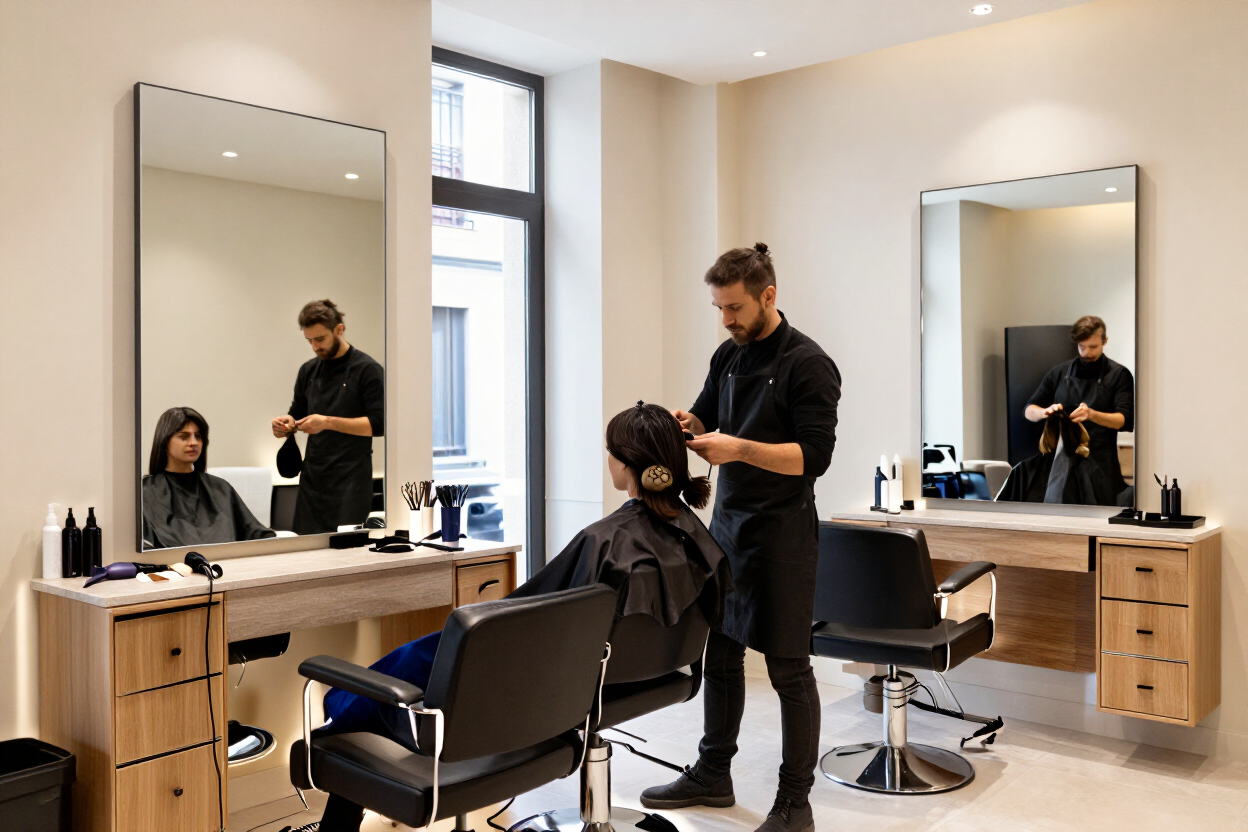 Peluquería con un estilista cortándole el pelo a un cliente; se ven espejos y sillones de peluquería.