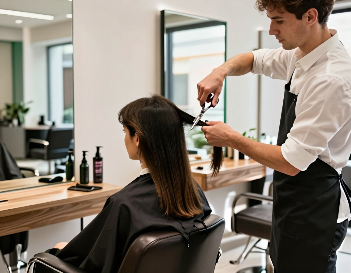 Peluquero cortándole el pelo a un cliente en una peluquería moderna