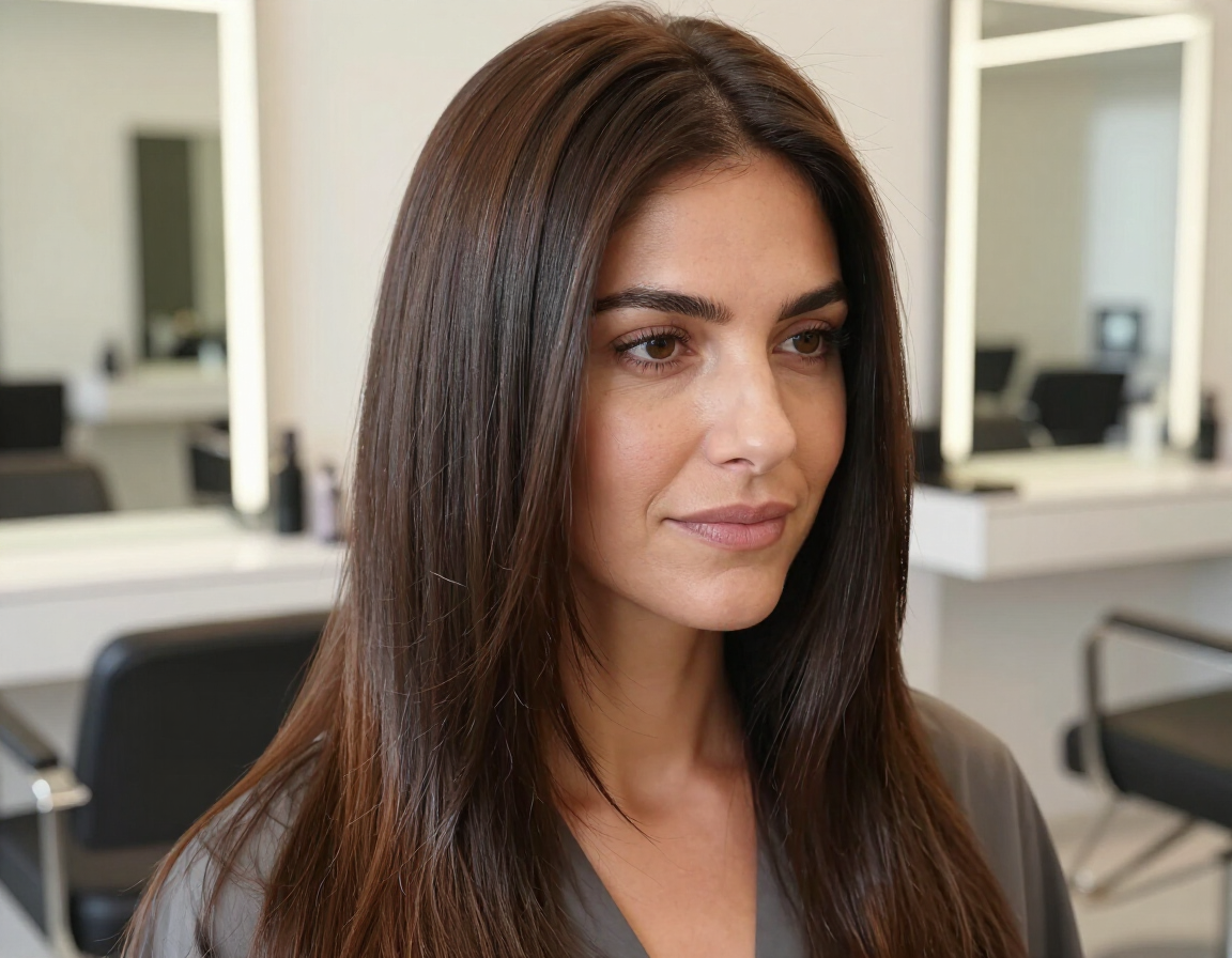 Mujer de cabello largo y castaño en un salón, sentada frente a espejos y puestos de peluquería.