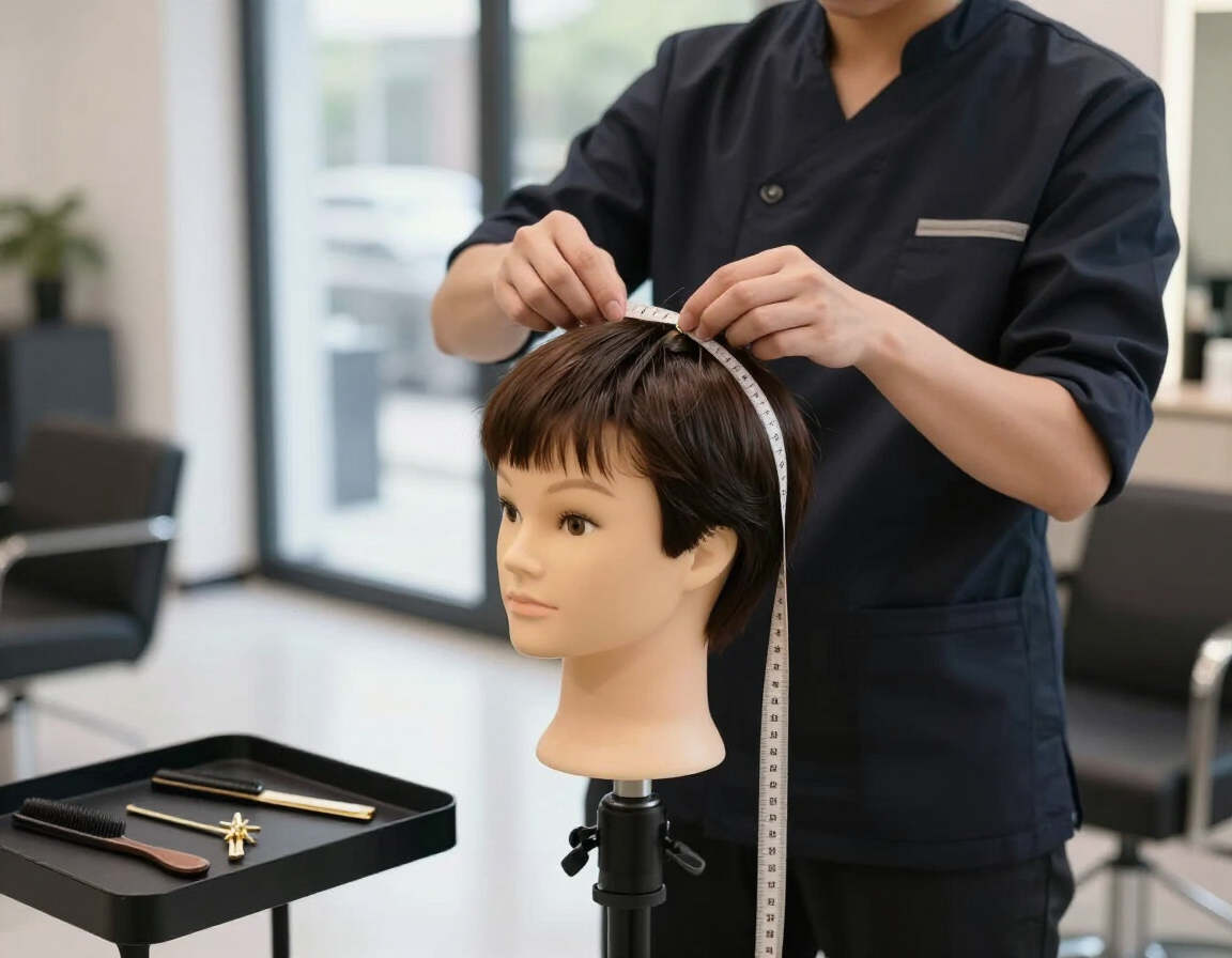 Peluquero midiendo el cabello de la cabeza de un maniquí con una cinta métrica en un salón de peluquería