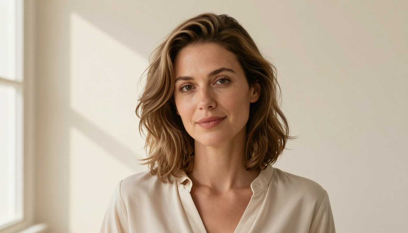 Retrato de una persona con una blusa color crema, iluminada suavemente frente a una pared beige, con una leve sonrisa