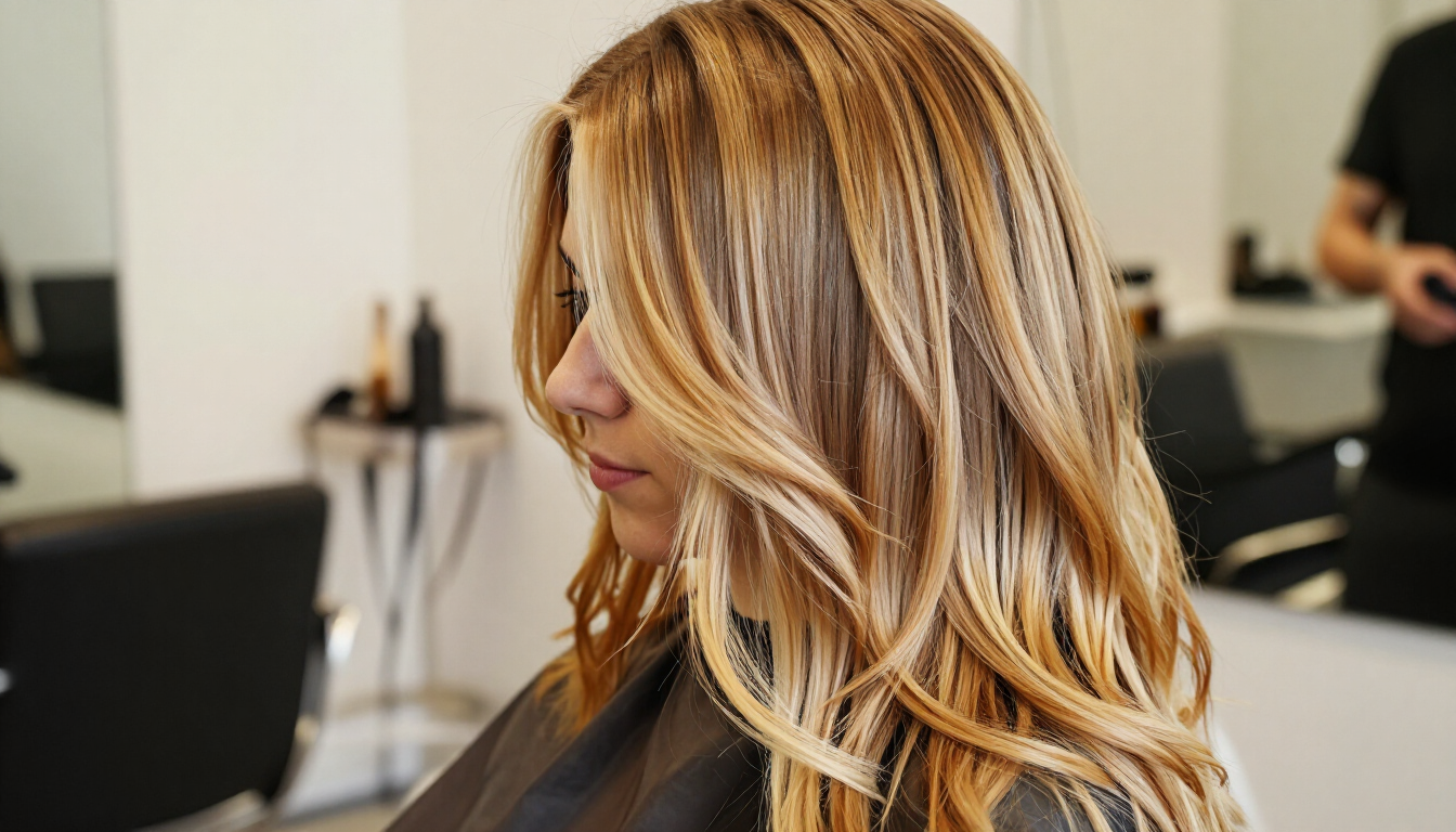 Mujer rubia con mechas, de perfil en una silla de peluquería, con personas y espejos desenfocados al fondo