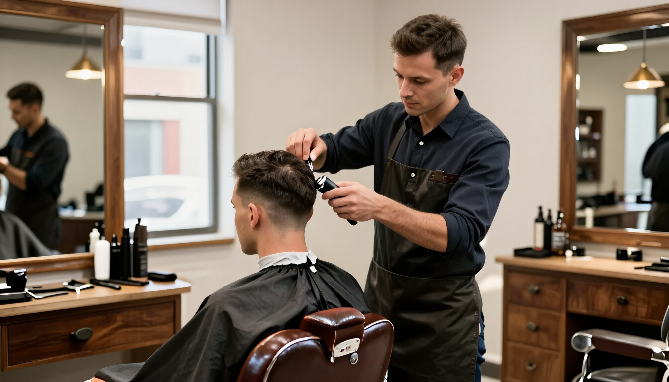 Un barbero cortándole el pelo a un cliente en una peluquería moderna con espejos y puestos de trabajo de madera.
