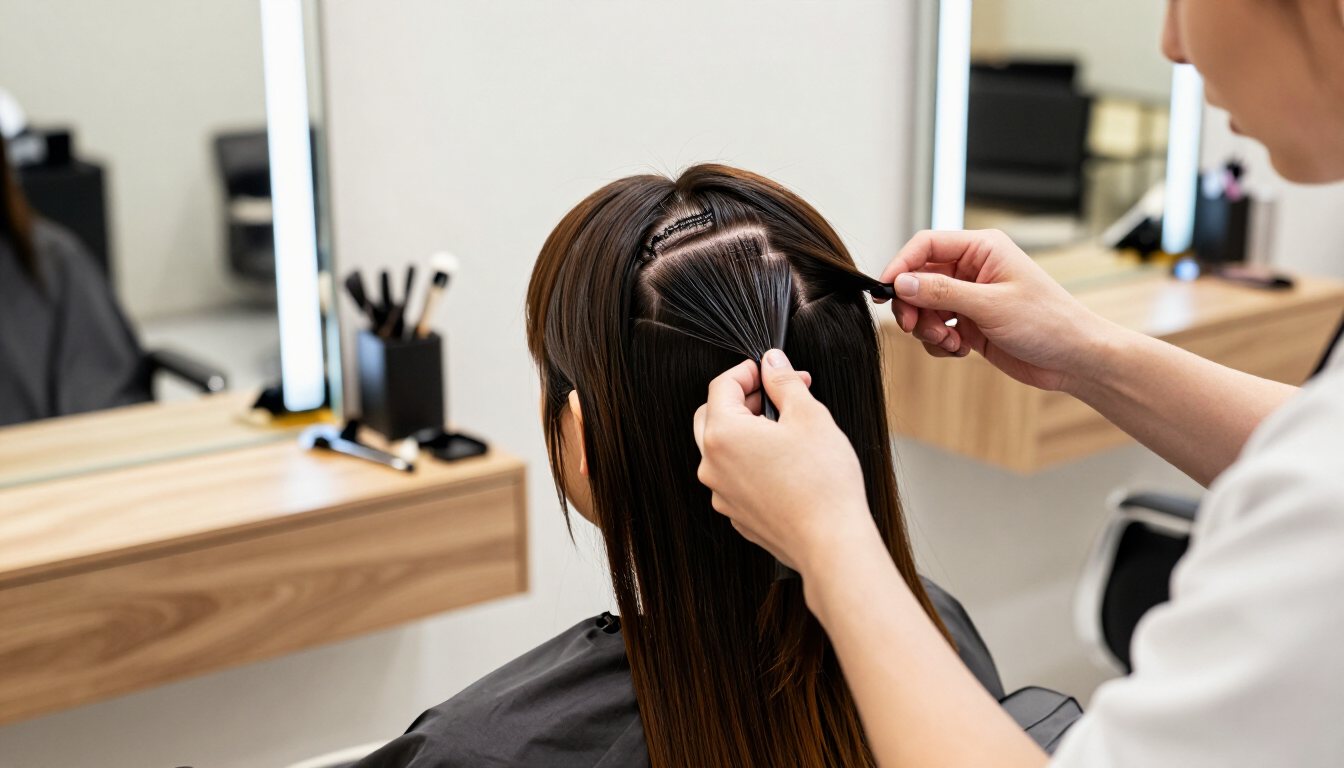 Una estilista trenzándole el largo cabello oscuro a una clienta sentada en una silla del salón