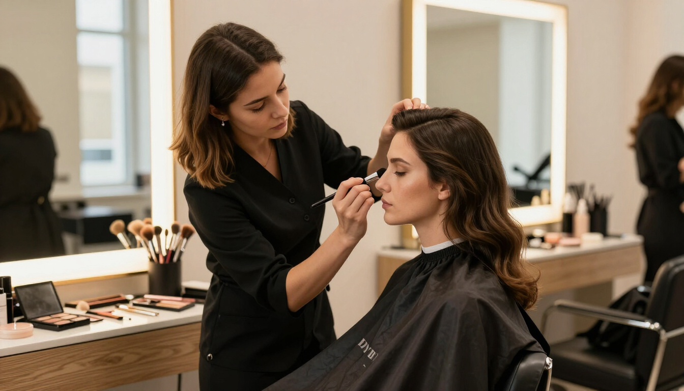 Un estilista aplicándole maquillaje a una clienta sentada en un salón de belleza.