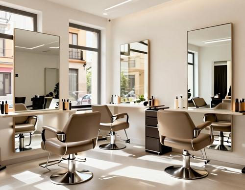 Interior moderno de salón con sillones de peluquería beige, espejos y ventanas bañadas por el sol