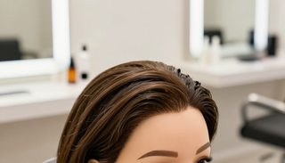 Mujer de cabello castaño frente al espejo de un salón, mostrando su peinado y una estación de maquillaje.